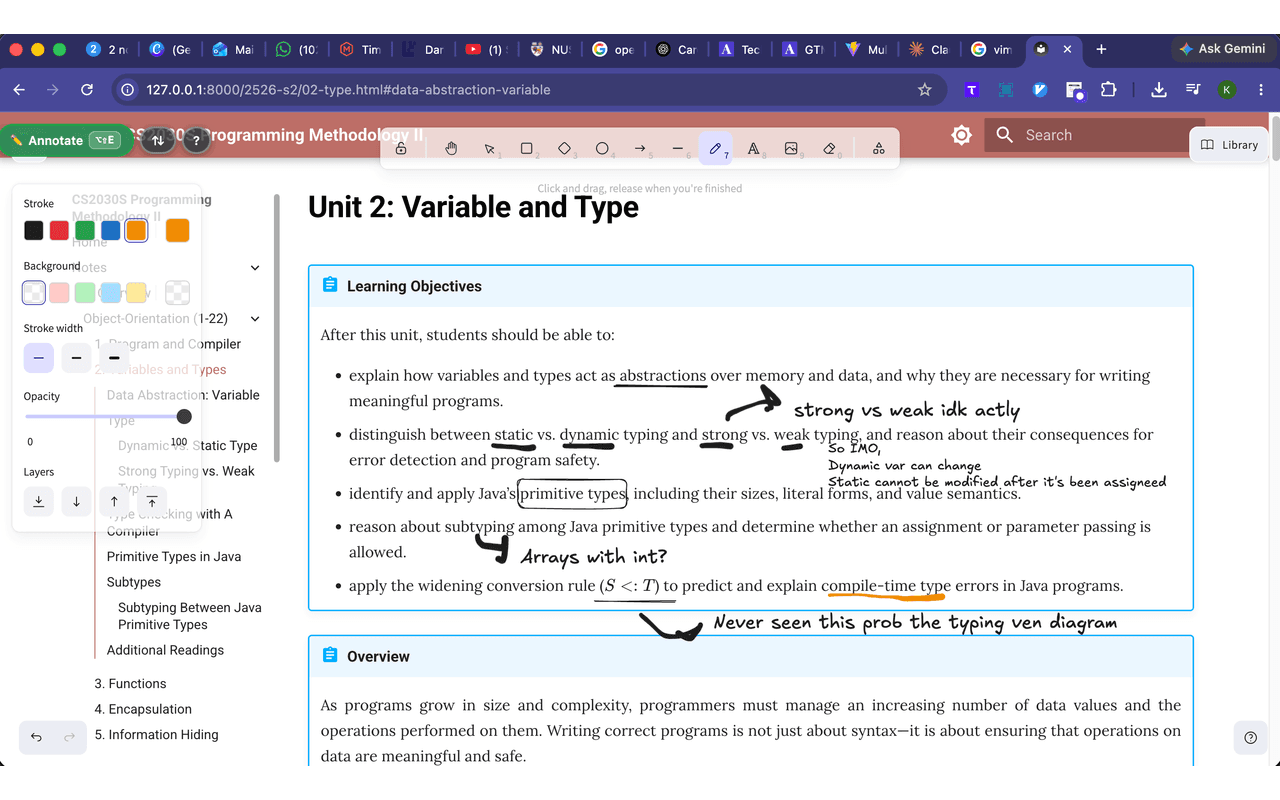 Handwritten notes, arrows and underlines drawn over a CS2030 lecture-notes webpage